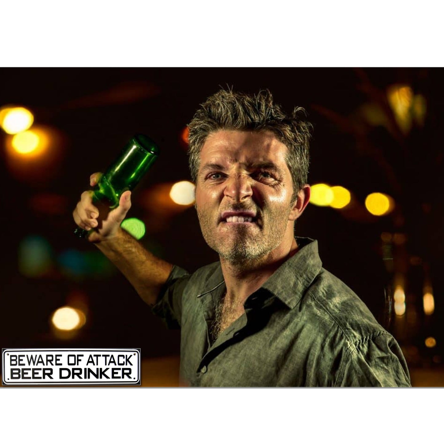 Beware Of Attack Beer Drinker Sign Solid Plastic 12 X 3