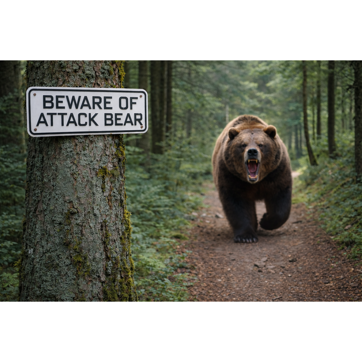 Beware of Attack Bear Sign Solid Plastic 12 X 3