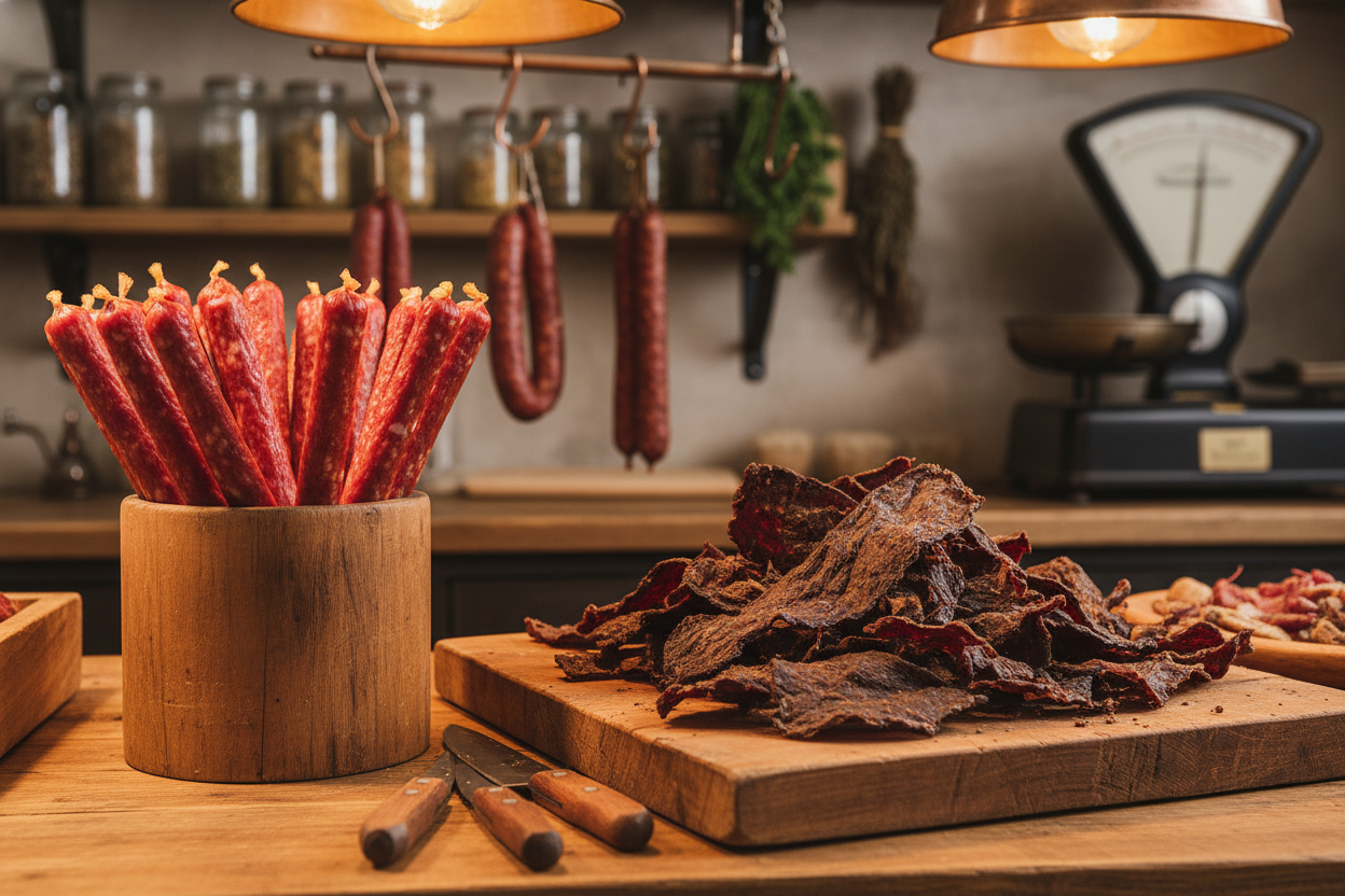pepperoni sticks and beef jerky in a butcher shop