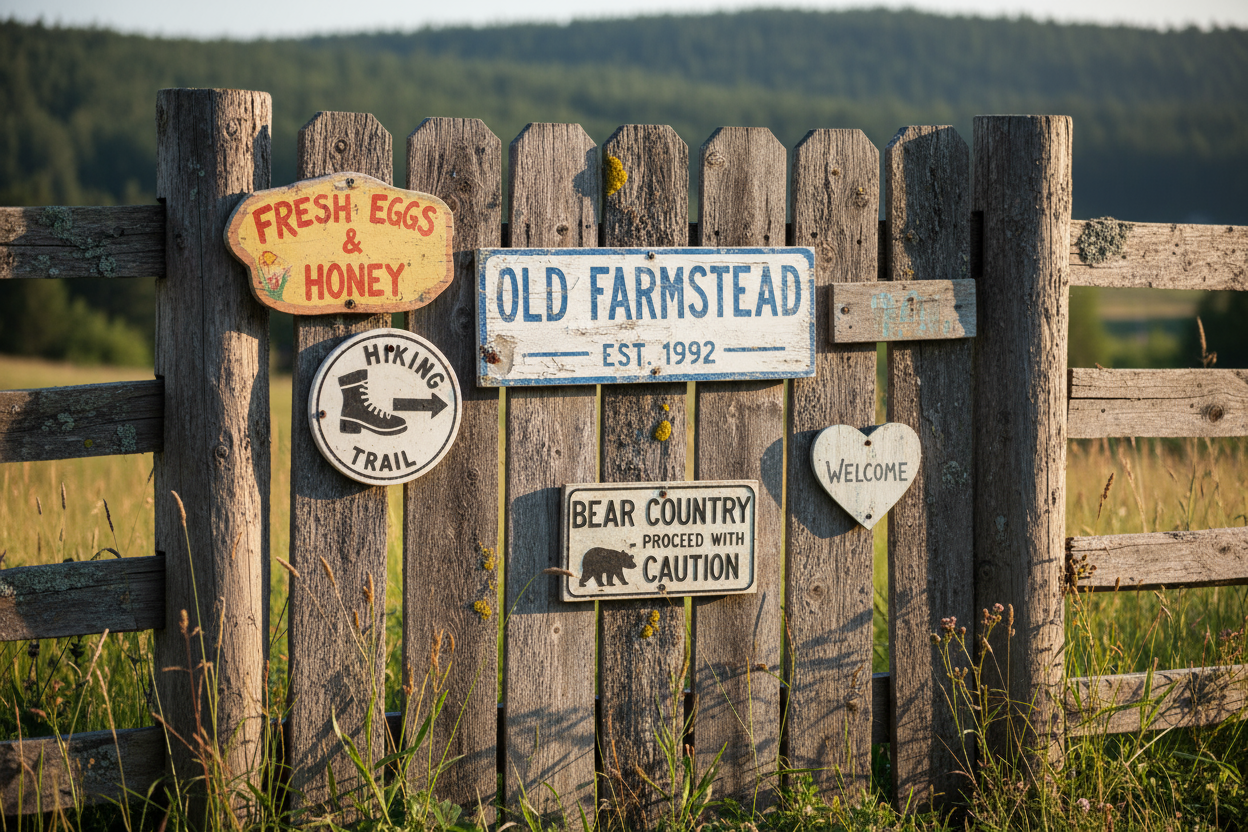 wooden fence with signs on it